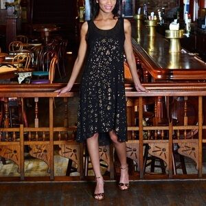 EILEEN FISHER Black Silk Dress Gold Sequins Size XS Party Mini Sleeveless Party